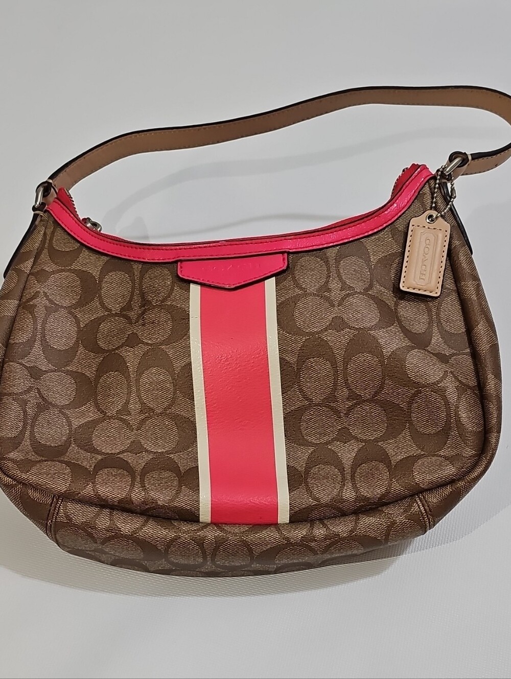 Coach Brown Signature Shoulder Bag with Pink and Cream Stripe
